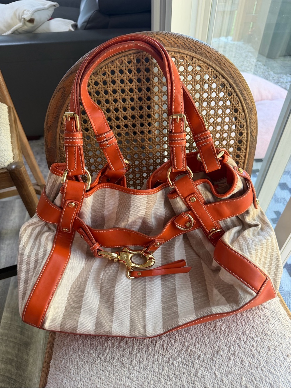 Striped Canvas Shoulder Bag with Orange Trim